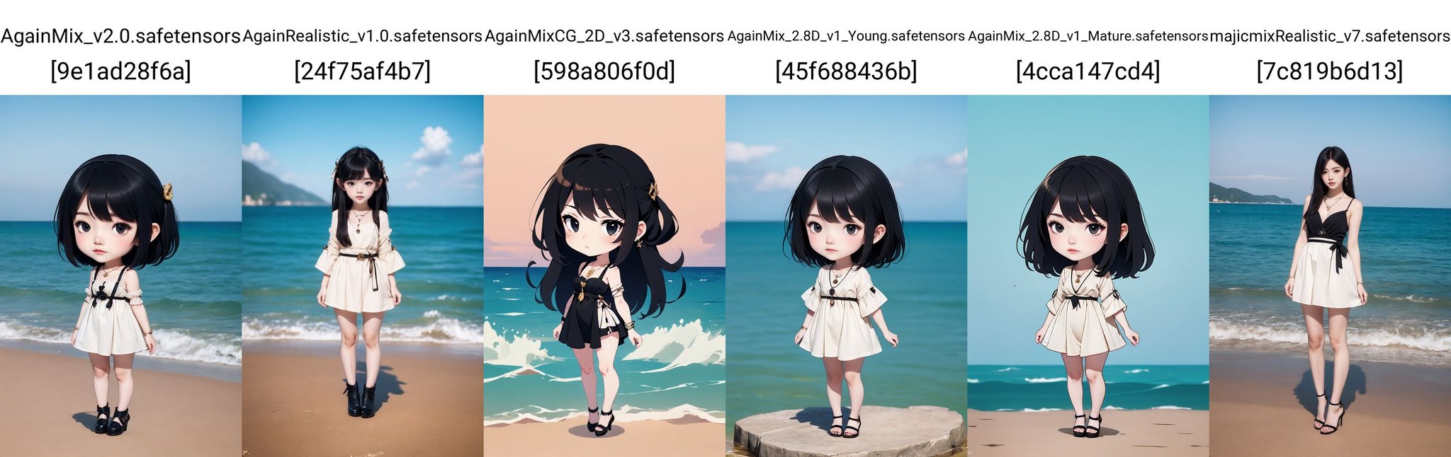 <lora:AgainChibiLora_v1:1>,1girl, solo, jewelry, black hair, necklace, dress, black eyes, black dress, black footwear, (full body:1.2), (sea:1.2),