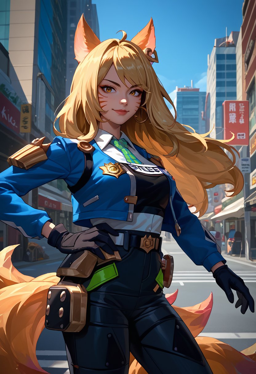 score_9, score_8_up, score_7_up, source_anime, solo, 1girl, ahrikda, smile, looking at viewer, standing, hand on own hip, animal ears, facial mark, long hair, blonde hair, yellow eyes, makeup, jewelry, earrings, police uniform, blue jacket, long sleeves, black vest, white shirt, collared shirt, green necktie, black gloves, black pants, belt, fox tail, multiple tails, large breasts, outdoors, city street <lora:Ahri_KDA_pdxl_Incrs_v1:1> <lora:zzz_zhuyuan_ponyXL:1>