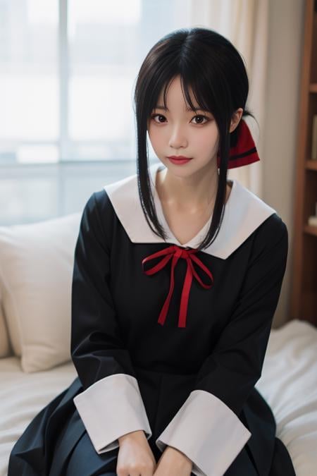 ultra-detailed,highly detailed,best quality,masterpiece,illustration,nsfw,1girl, kaguya,shinomiya kaguya, cosplay,hair ribbon, folded hair,shuuchiin academy school uniform,spring uniform,long sleeves, sailor collar,black dress,white white sailor collar, indoors, looking at viewer, <lora:kaguya_spr_v1_05:0.6>