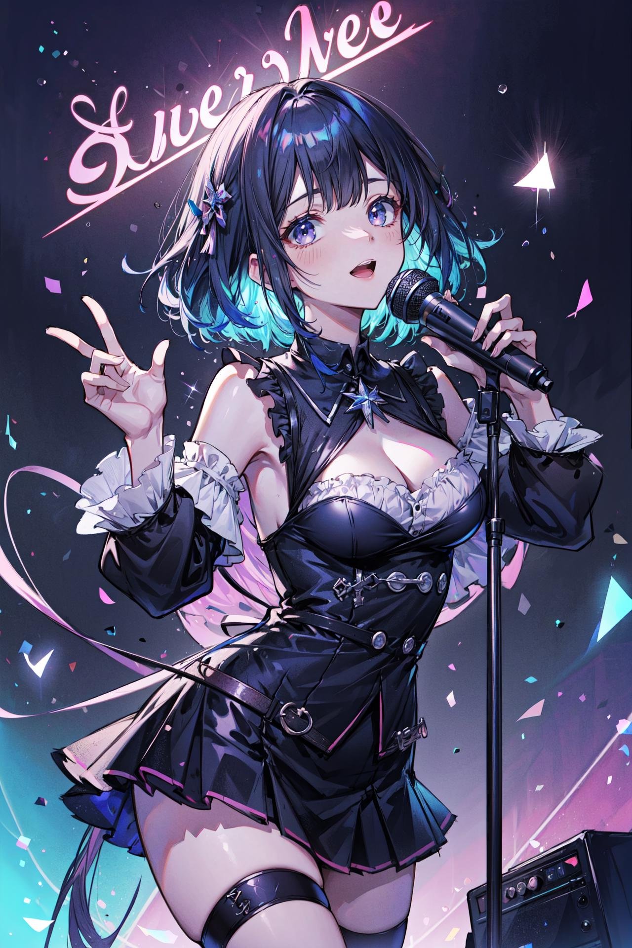 ((best quality, masterpiece, absurbres, super-resolution)) dark blue hair, karaoke room, microphone, singing out load, music note