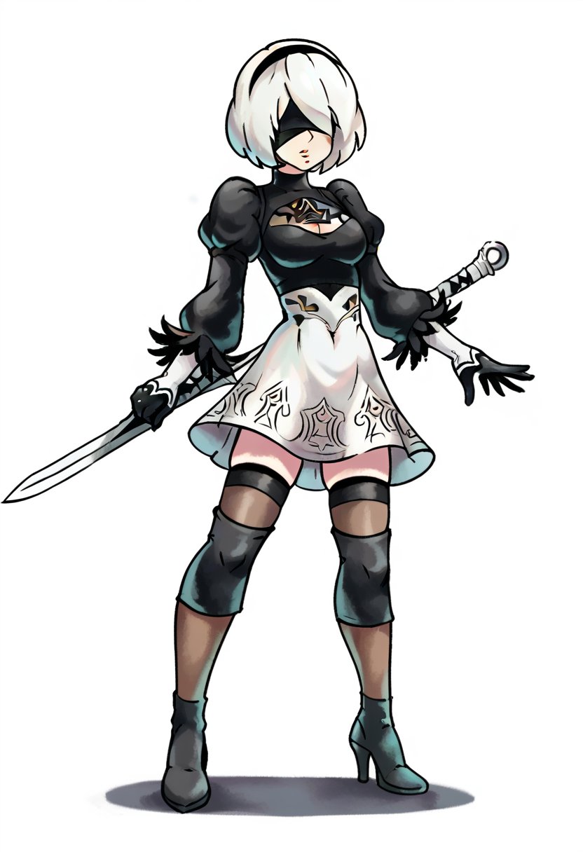 <lora:MarioLuigiStyle-PDXL-10:1.2> score_9, score_8_up, score_7_up, BREAK 1girl, yorha no. 2 type b, solo, covered eyes, full body, simple background, white background