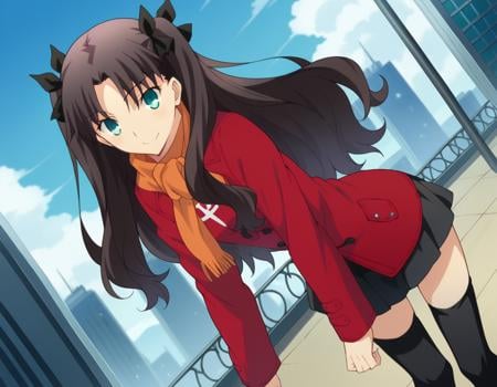 score_9, score_8_up, score_7_up, source_anime,rintohsaka, <lora:rin-tohsaka-ubw-ponyxl-lora-nochekaiser:1>,rin tohsaka, aqua eyes, black hair, hair ribbon, long hair, ribbon, sidelocks, two side up, parted bangs,skirt, thighhighs, long sleeves, pleated skirt, black thighhighs, black skirt, scarf, zettai ryouiki, coat, red coat, orange scarf,outdoors, cityscape, smile, bent over,looking at viewer, dutch angle, cowboy shot,