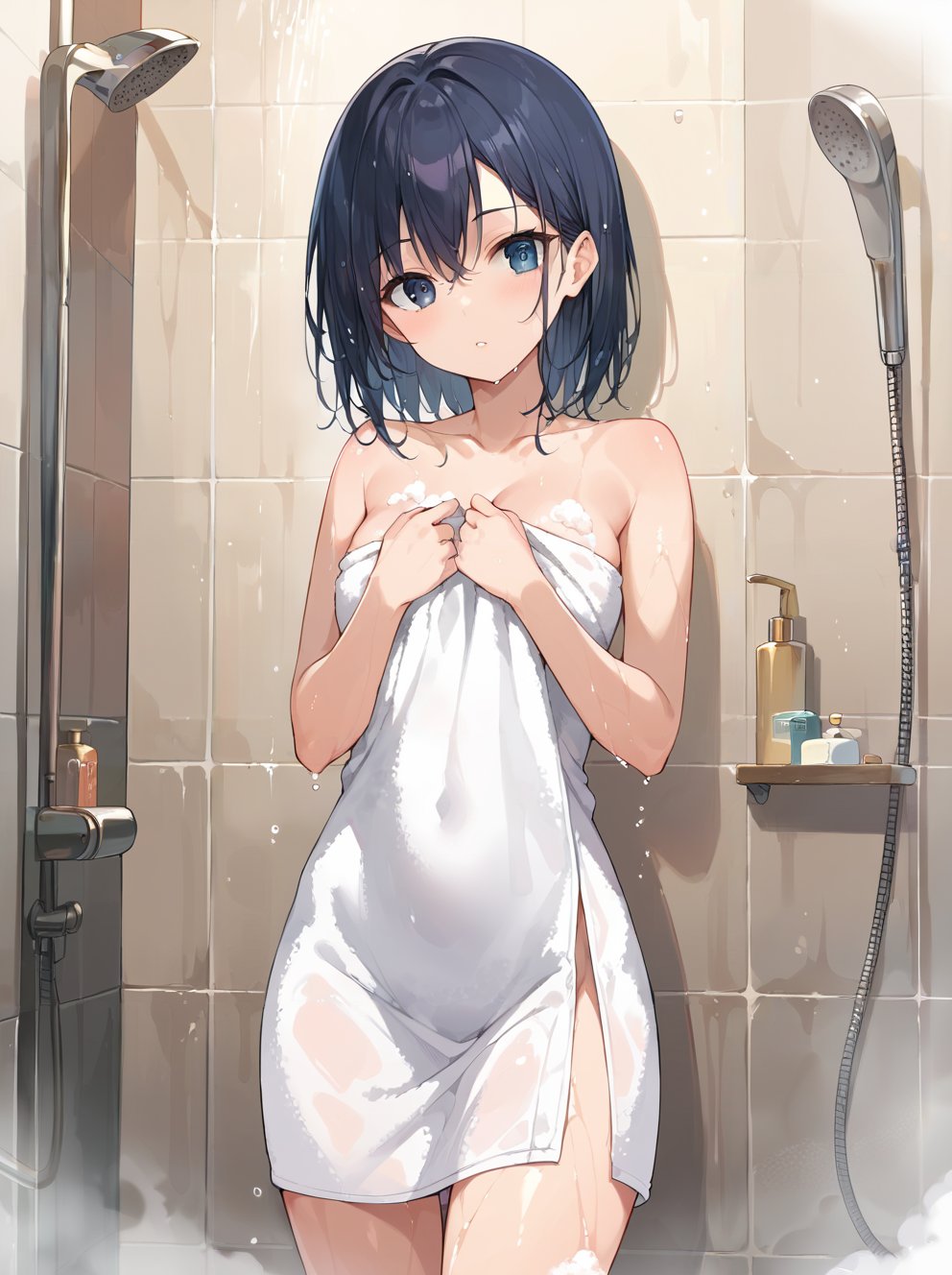 score_9, score_8_up, score_7_up,source_anime, high res image,masterpiece,best quality,woman,cute face,clear skin,shiny hair,ultra detailed eyes,simple background, <lora:naked towel_pony_V1.0:1.2> naked towel, towel,soap,shower,water,wet