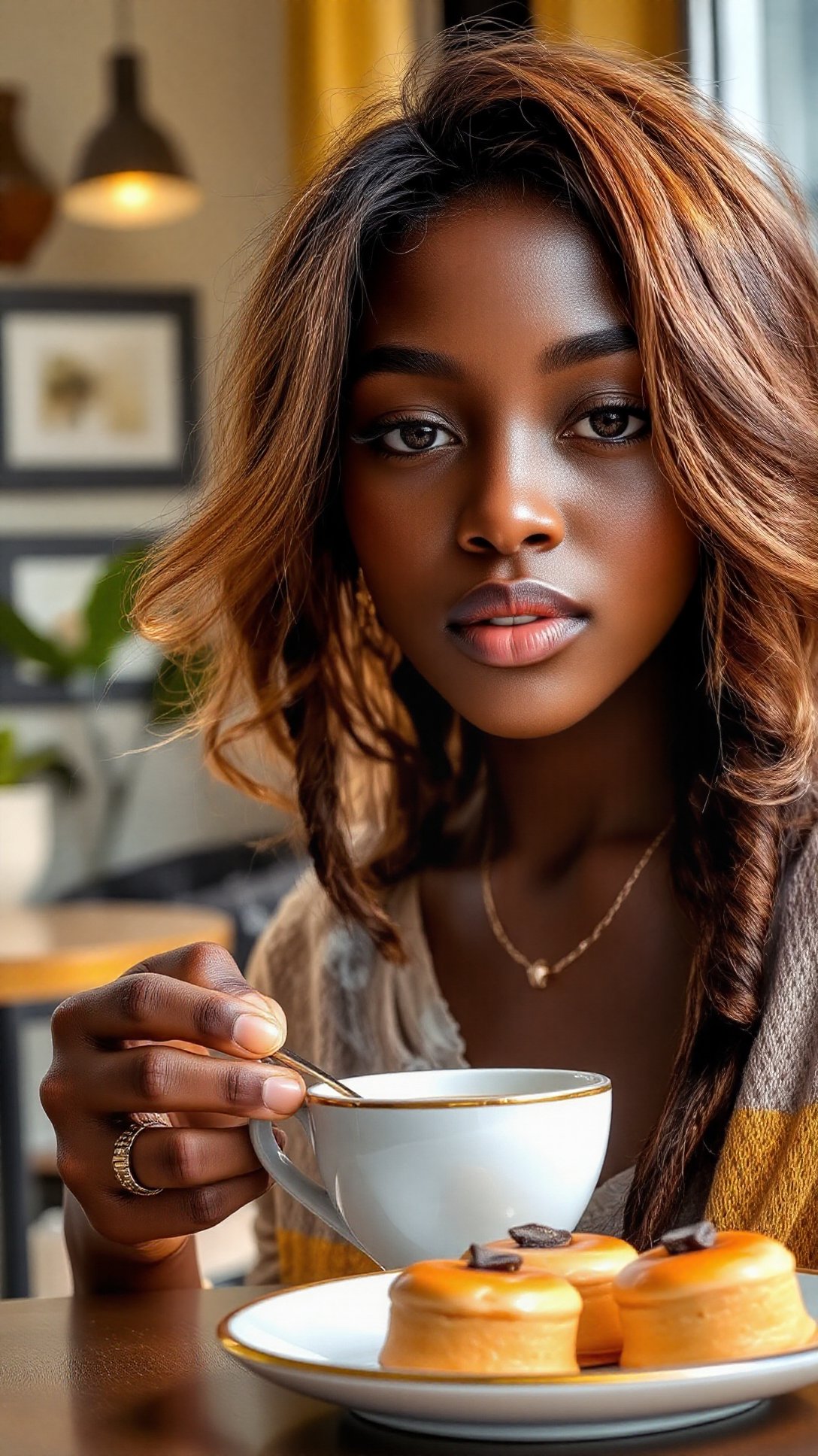 A charming close-up view of a beautiful black-skinned woman with soft, flowing hair, enjoying a cup of tea in a sunlit café, delicate details of the steaming cup and pastries in the inviting atmosphere <lora:Ebony_Beauties:1>