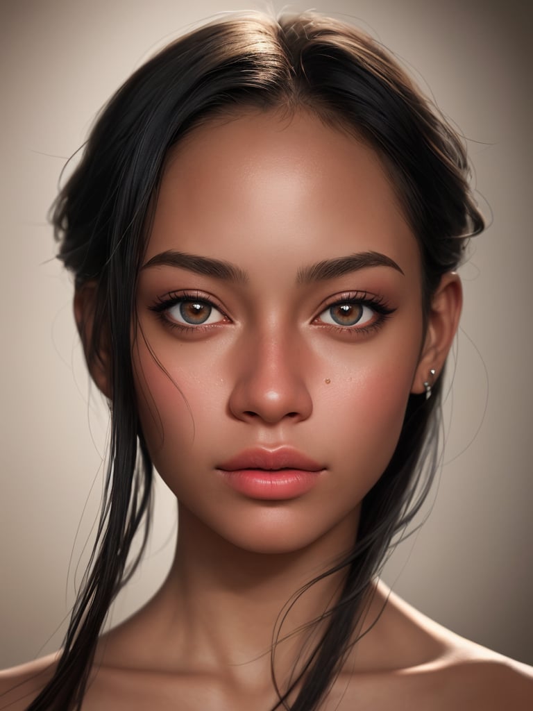 A photorealistic portrait of a person with features that blend different ethnicities seamlessly