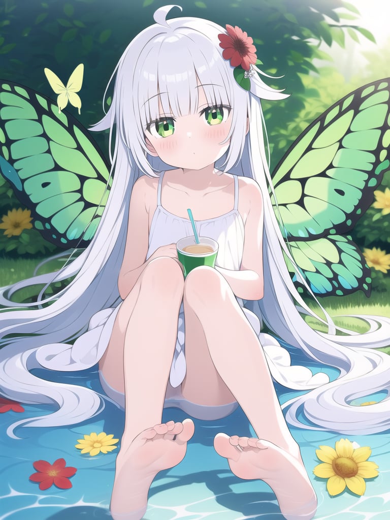 1girl, solo, flower, long hair, drinking straw, hair flower, hair ornament, very long hair, barefoot, yellow flower, red flower, blush, soles, holding, water, looking at viewer, bug, cup, wings, collarbone, bangs, crazy straw, butterfly, white hair, sitting, green eyes, holding cup, bow, bare shoulders,<lora:kai_cyan-000010:1>