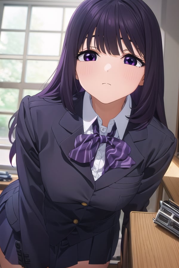 rionashijou, <lora:riona shijou s1-lora-nochekaiser:1>,riona shijou, bangs, purple hair, (purple eyes:1.1), medium hair,BREAK skirt, long sleeves, school uniform, jacket, socks, black skirt, two side up, black jacket, kneehighs, blazer, black socks, bow, bowtie, stripped, stripped bowtie,BREAK indoors, classroom,BREAK looking at viewer, (cowboy shot:1.5),BREAK <lyco:GoodHands-beta2:1>, (masterpiece:1.2), best quality, high resolution, unity 8k wallpaper, (illustration:0.8), (beautiful detailed eyes:1.6), extremely detailed face, perfect lighting, extremely detailed CG, (perfect hands, perfect anatomy),