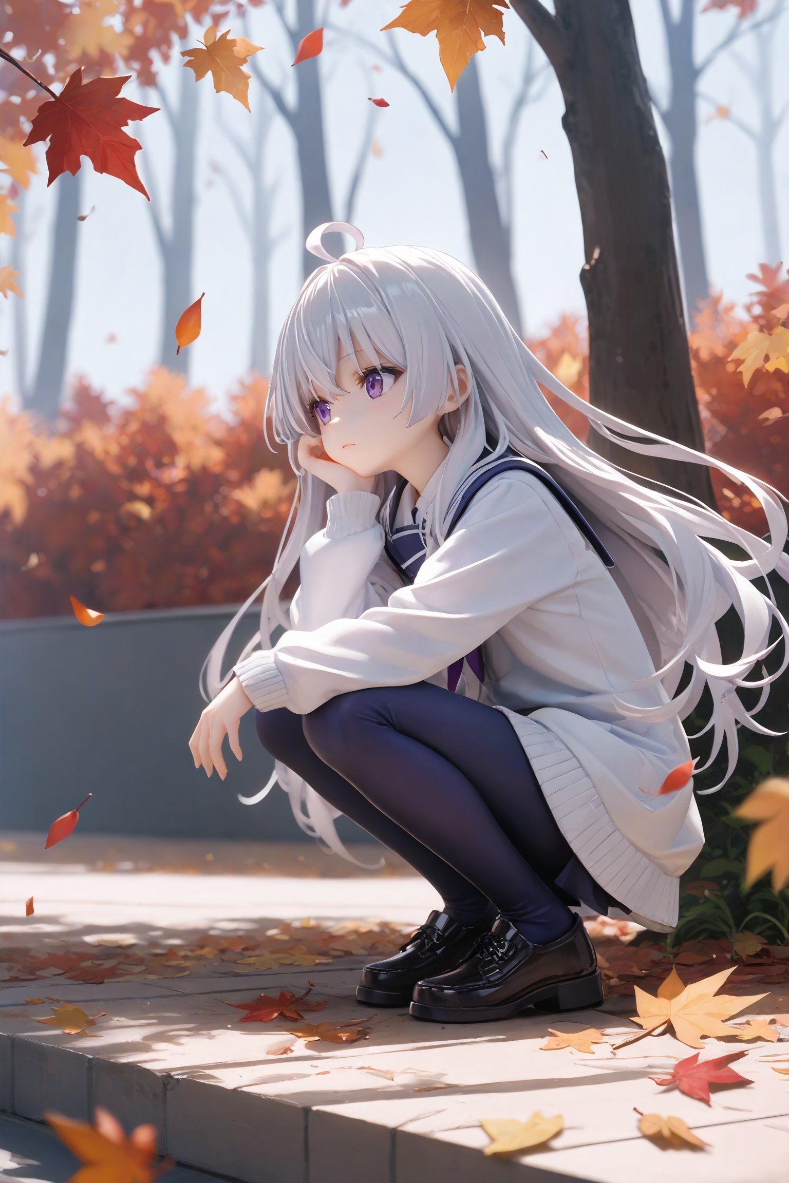 elaina \(majo no tabitabi\),purple eyes,grey hair,white hair,long hair,ahoge,1girl,solo,fallen leaves,squatting,autumn,school uniformscore_9,score_8_up,score_7_up,source_anime,