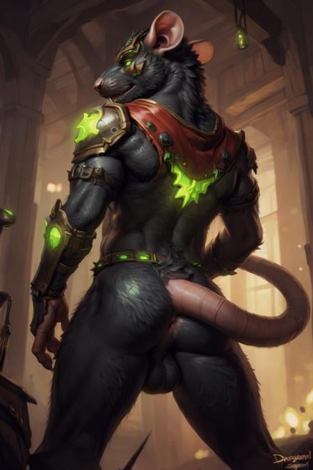 by personalami, by zephyxus, by darkgem, by null-ghost, male, solo, anthro, rat, rodent, skaven, facial scar, fluffy, presenting hindwuarters, anus, backsack, balls, humanoid genitalia, foreskin, rat tail, hairy, glowing, radioactive, (green glow, armor), spikes, machine, warhammer fantasy, vermintide, black penius, rear view, black body:1.3,