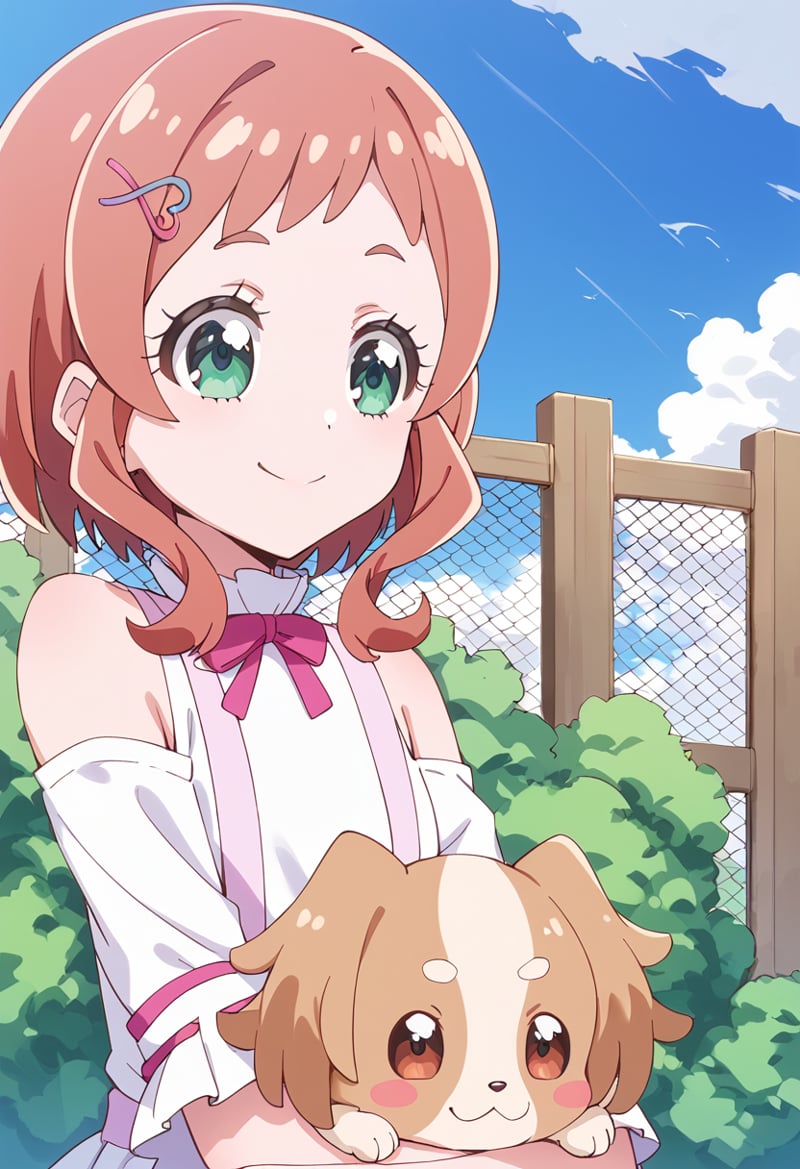 score_9, score_8_up, score_7_up, source_anime, BREAKinukai iroha, 1girl, smile, pink hair, green eyes, short hair, hairclip, looking at viewer, closed mouth, :3, outdoors, day, tree, red eyes, fence, upper body, blue sky, bare shoulders, bangs, aqua eyes, dog, holding animal, blush stickers, short sleeves, cloud, eyelashes, shiny hair, detached sleeves, crossover, 1other, kmg-dog, crossed arms, white shirt, solo, medium hair, frilled sleeves, orange hair, thick eyebrows, anime coloring, happy, heart hair ornament, animal hug, wooden fence, blush, frills, off shoulder, off-shoulder shirt, hairpin, bow, carrying, sleeveless, x hair ornament, hair behind ear, shoulder cutout, dog ears, cloudy sky, bush, white dress, white sleeves, brown eyes, red hair, creature, looking at another, looking down, holding dog<lora:cure_friendy_inukai_iroha_sdxl_locon_pony_v1:0.7>