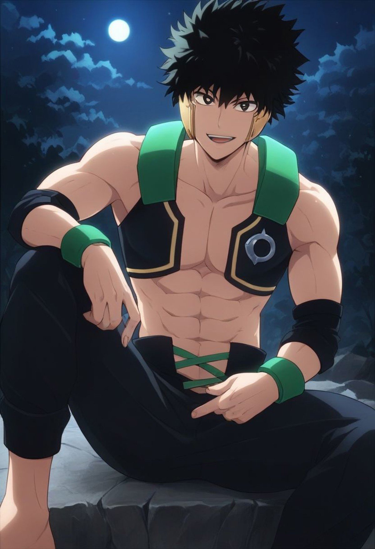 score_9, score_8_up, score_7_up, source_anime, anime, anime coloring, looking at viewer, 1boy, solo, male focus, toned male, seductive smile, open mouth, Yo Shindo, black eyes, night,  legs spread, sitting, pants