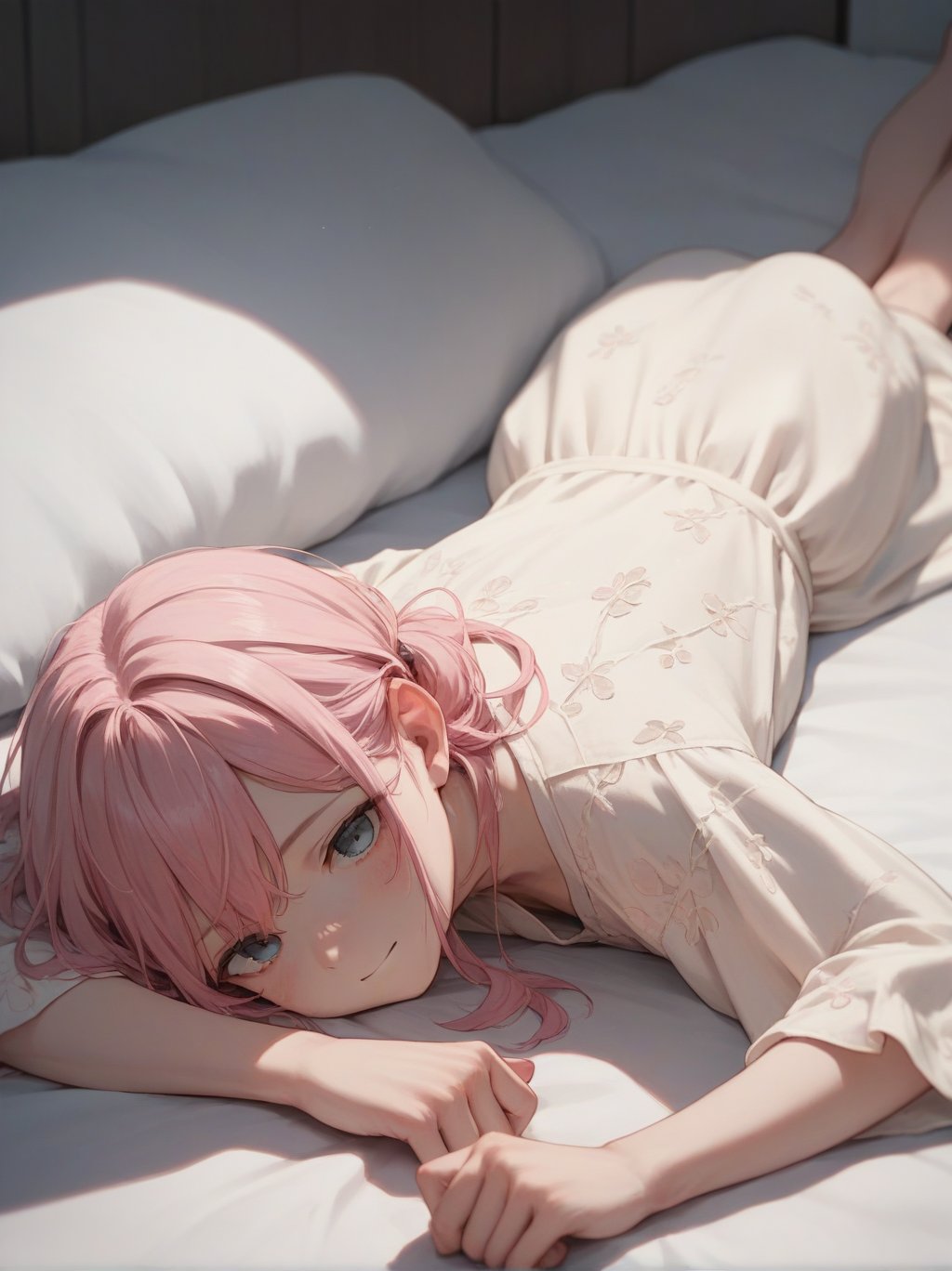 score_9, score_8_up, score_7_up, score_6_up, source_anime, <lora:linen_dress_v0.1-pony:1> 1girl, linen dress,pink hair, lying, on stomach, looking at viewer, 