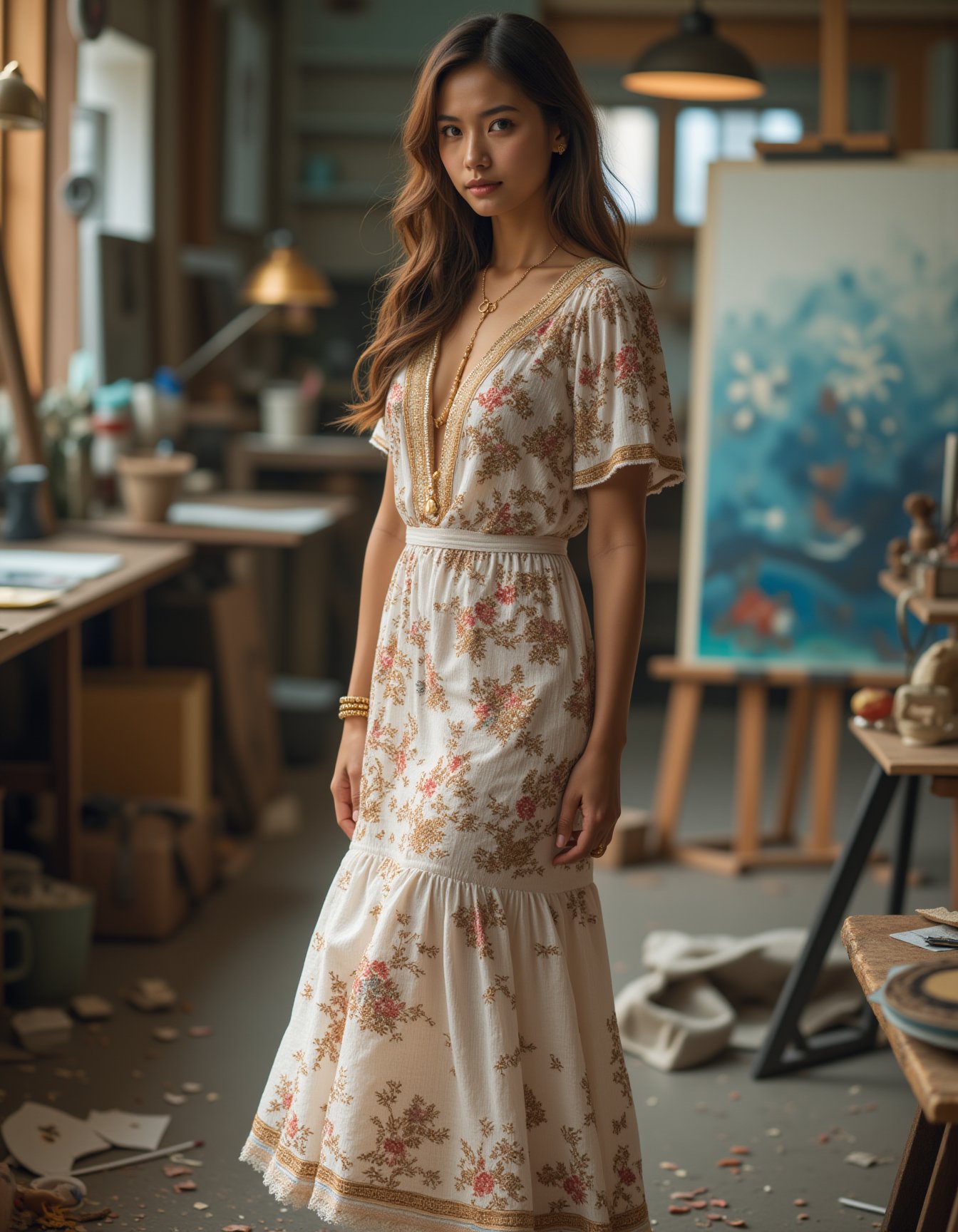 A best quality, masterpiece raw photo of a girl in a long floral lace robe with ornate details, adorned with gold jewelry. Her long brown hair flows softly over her shoulders as she stands in an art studio filled with canvases, paints, and artistic tools. The middle distance shot taken with a long-range lens captures the creative energy of the space, with splashes of color and art pieces scattered around. The low key lighting casts soft shadows that add a sense of depth, while the soft bokeh effect gently blurs the background, allowing the girl and her elegant outfit to remain the focal point. The balanced contrast and exposure bring out the textures and colors, creating a dynamic and inspiring atmosphere