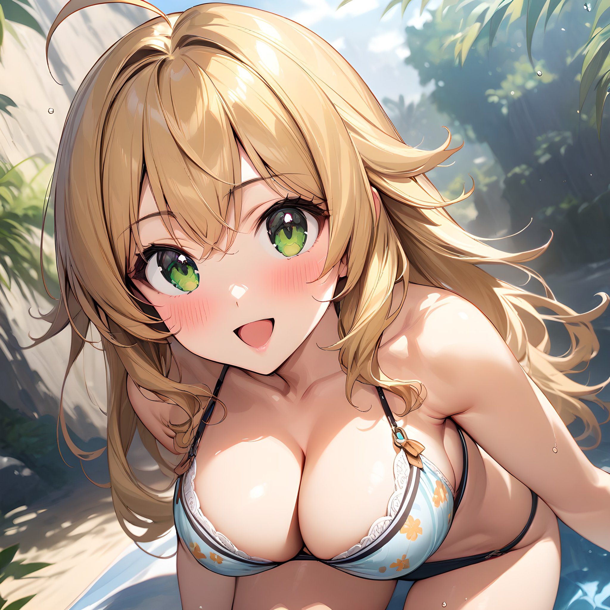 (masterpiece),(best quality),(ultra-detailed),(best illustration),(best shadow),(absurdres),(detailed background),(very aesthetic), hoshii_miki, 1girl, breasts, blonde hair, swimsuit, green eyes, ahoge, bikini, long hair, solo, large breasts, cleavage, smile, open mouth, blush, looking at viewer <lora:Hoshii_Miki:1>