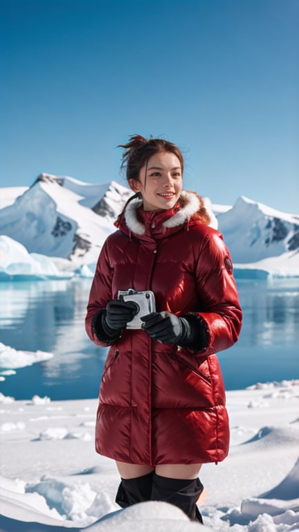 Candid Photojournalistic Shot] [French Supermodel, stunning arctic outfit, antarctica] [Colorful Gardens, Nature Celebration] [BlueCore, SnowCore] [Shot on Medium Format Filmschool]