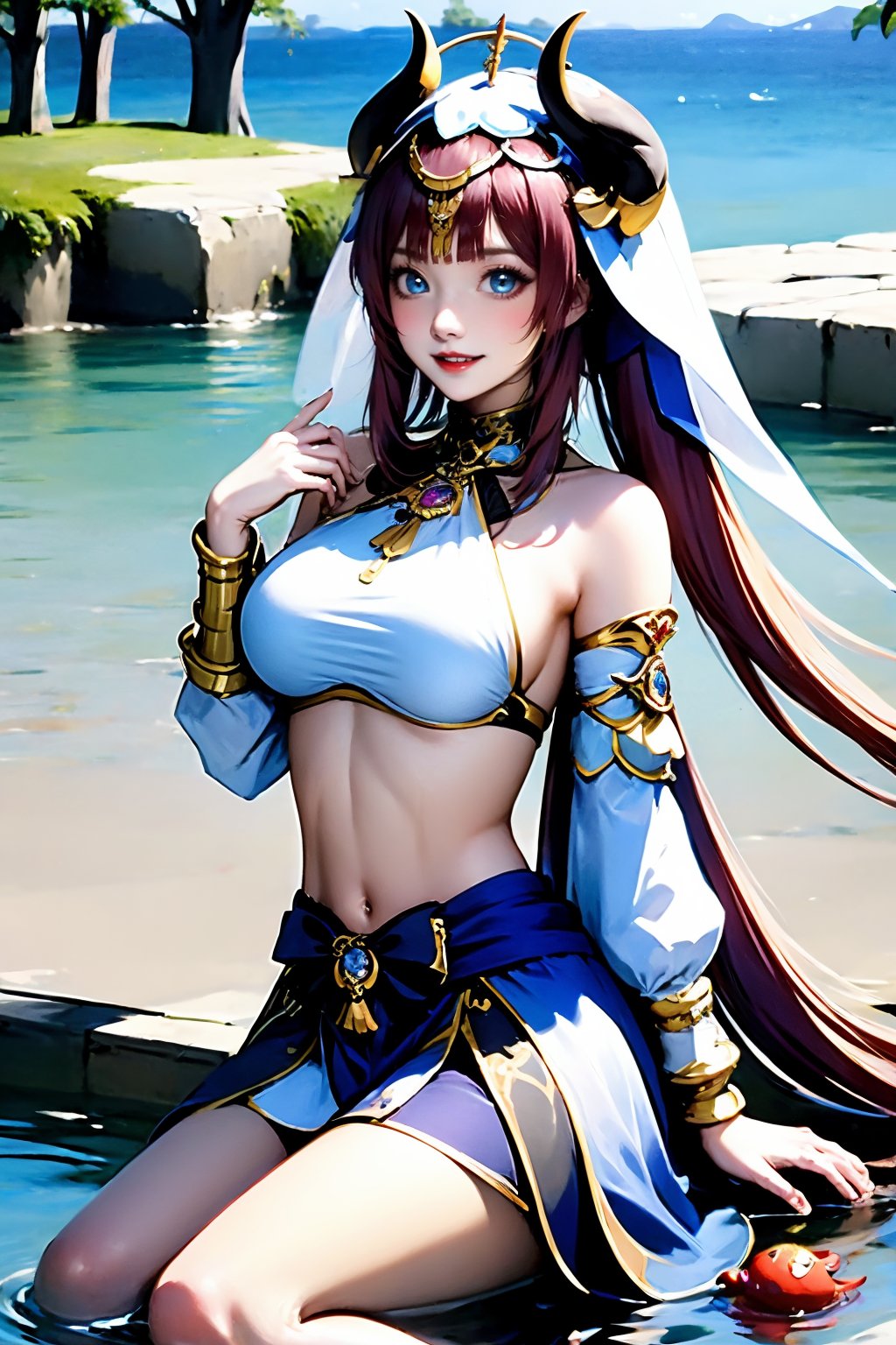 1girl, nilou \(genshin impact\), solo, fake horns, breasts, horns, water, long hair, veil, sitting, looking at viewer, bracer, red hair, skirt, blue eyes, jewelry, parted lips, thighs, long sleeves, outdoors, crop top, circlet, thighlet, large breasts, blue skirt, brooch, neck ring, smile, white headwear, soaking feet, sky, parted bangs, white veil, puffy long sleeves, day, stomach, vision \(genshin impact\), puffy sleeves, blue sky, harem outfit, gold trim, twintails, hand on own chest, gem, hand up, reflective water, blue gemstone, nail polish, red lips, low twintails, reflection, lips, medium breasts, detached sleeves, navel, sidelocks, midriff, sideboob, bow, arm support, very long hair, blush, teeth, cloud, ripples