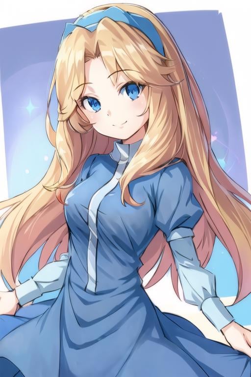 1girl, maria_robotnik, long hair, blonde hair, parted bangs, blue hairband, blue eyes, shirt, dress, smile, look at viewer <lora:maria_robotnik-v1:0.6>