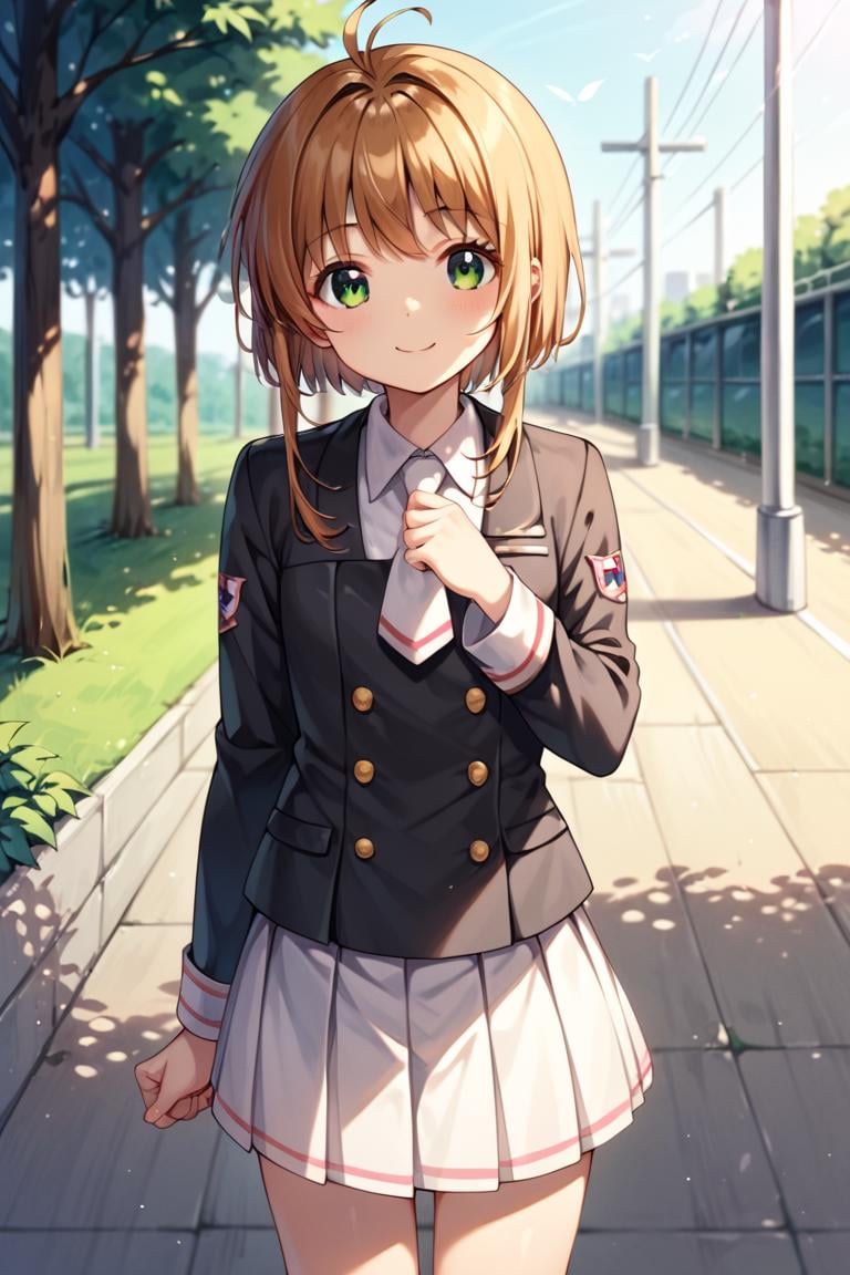 score_9, score_8_up, score_7_up, score_6_up, score_5_up, score_4_up, BREAK source_anime, 1girl, looking at viewer, sencery, depth of field, cowboy shot, outdoors, smile,sakura, brown hair, antenna hair, bangs, ahoge, hair intakes, green eyes, school uniform, white necktie, black jacket, white pleated skirt, kneehighs, shoes<lora:EMS-253690-EMS:0.800000>, <lora:EMS-375738-EMS:0.700000>