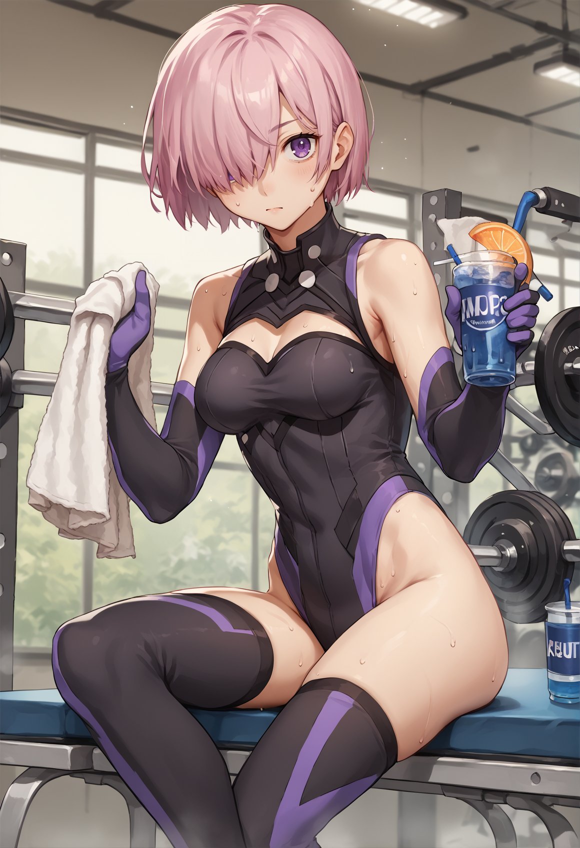 1girl, short hair, pink hair, purple eyes, hair over one eye, leotard, Clothing Cutout, elbow gloves, Thighhighs, medium breasts, sweat, towel, holding drink, indoors, gym, wiping sweat,  looking at viewer, wiping face, tilt head, <lora:Mashu:1>, score_9, score_8_up, score_7_up, score_6_up, score_5_up, score_4_up, BREAK source_anime, masterpiece