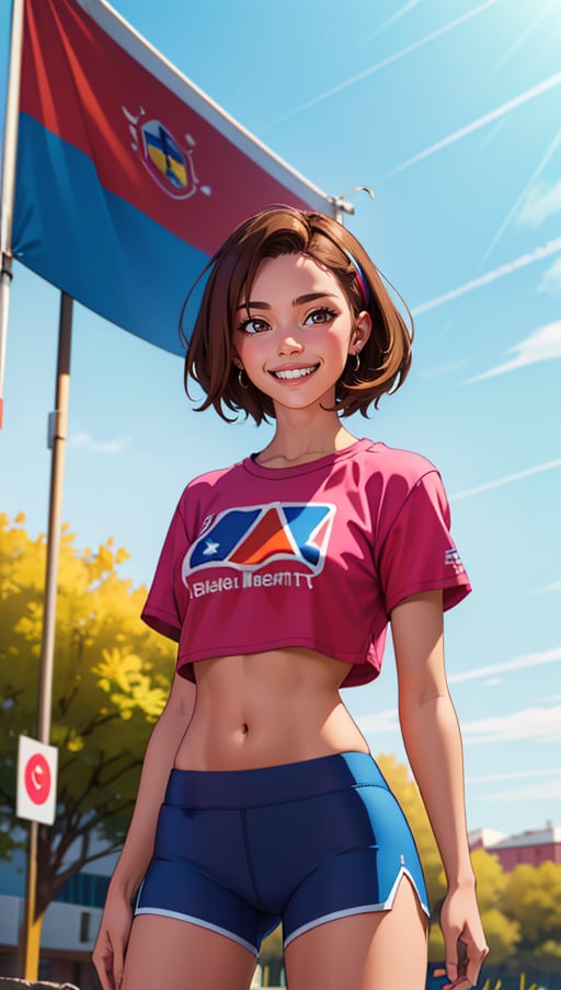 (best quality, masterpiece, highres:1.2), 1 Venezuelan girl, very slim, skinny, atmospheric scene, solo, midriff, navel, white crop top, brown hair, shirt, grin, outdoors, standing, [[pink headband]],[sport shorts], (ultra-detailed body), (intricate details)