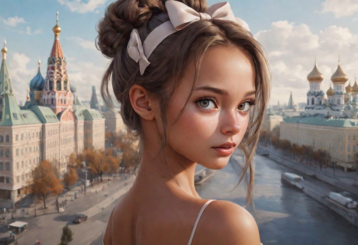 1girl, tanned skin, realistic eyes, detailed face, sharp, russian, girly, bow in hair, city scape, photo real