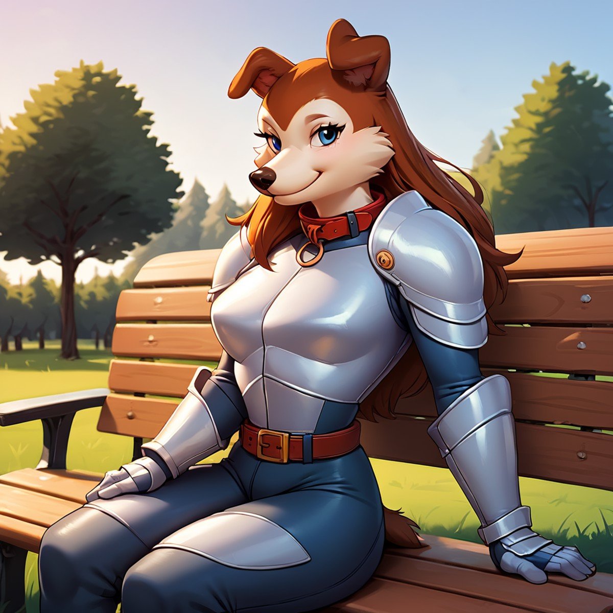 score_9, score_8_up, score_7_up, score_6_up, score_5_up, score_4_up, (Source furry), (rating safe),  <lora:ColleenXL:0.8>, 1girl, solo, outside, sitting on bench, bench, grass, trees, clouds, park, bench, Colleen, furry female, dog girl, smile, armor, bodysuit, belt, collar, blue eyes, long hair, two-tone hair, snout, looking at viewers, detailed,  <lora:Beautiful_CAT_Pony:1>