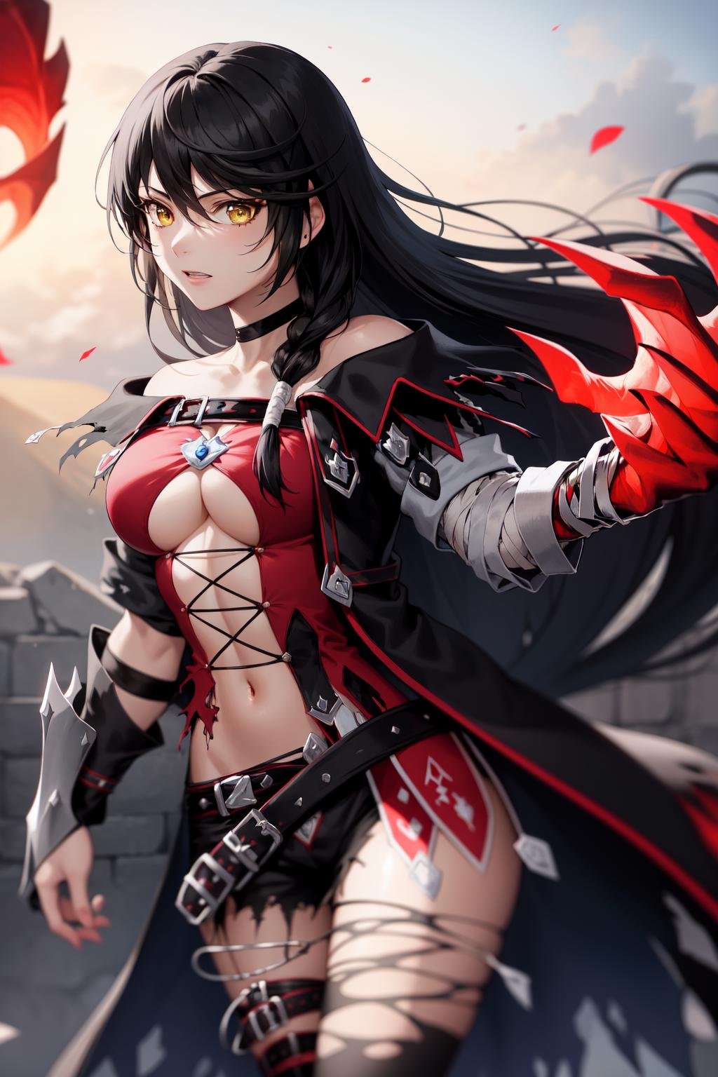 1girl, velvet crowe, velvet-outfit, flameclaw, solo, claws, <lora:VelvetCrowe:1>, complex lighting, , highres, absurdres,