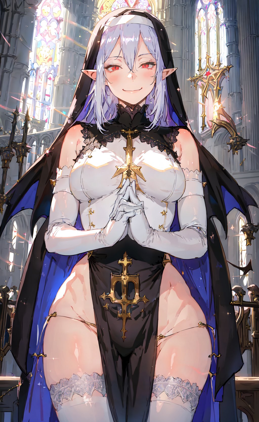 realistic illustration, sexy elf demon nun, praying, own hands together, pelvic curtain, habit, elbow gloves, thighhighs, lace trim, shiny skin, smug, smirk, soft lighting, sparkling, glittering, sunbeam, church, from below