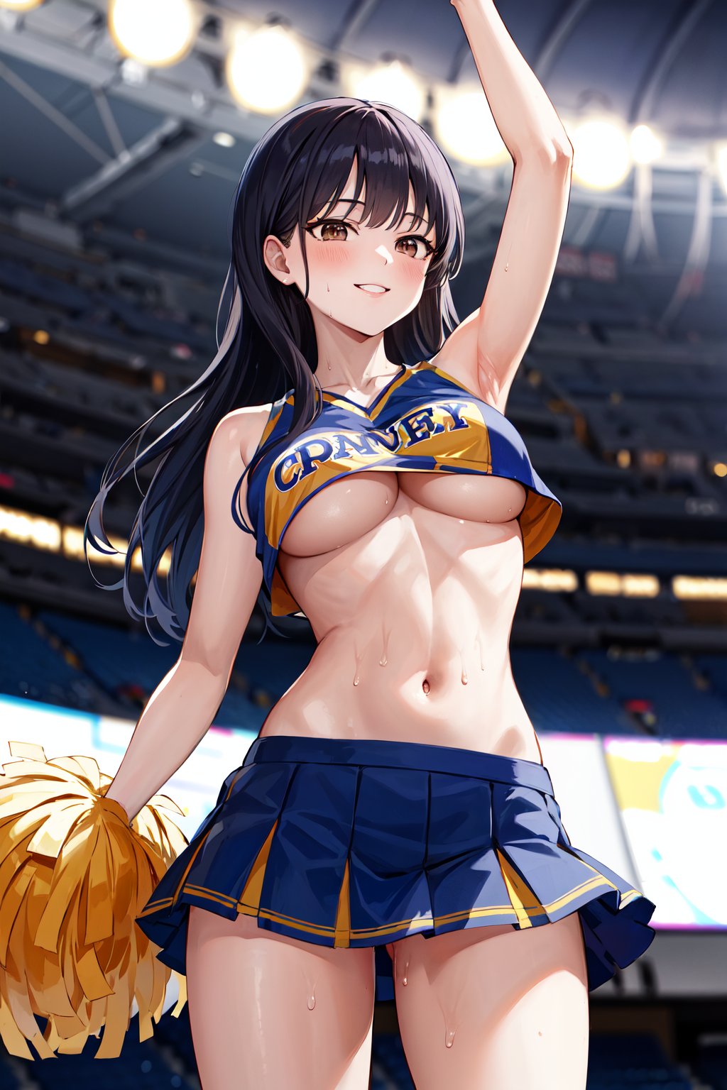 masterpiece, best quality, highres, aaanna, long hair, brown eyes, <lora:yamada_anna_v1:0.7>, cheerleader, pom pom \(cheerleading\), midriff, underboob, smile, sweat, stadium, indoors, standing, cowboy shot, arm up