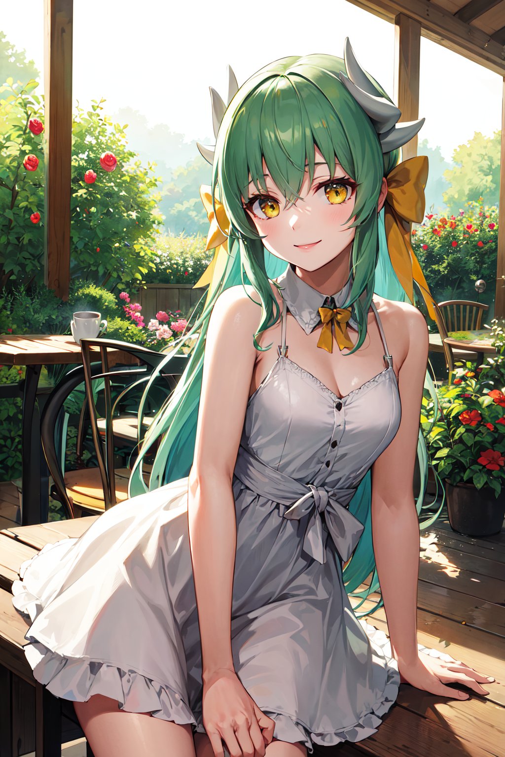 masterpiece, best quality, highres, aakiyo, long hair, green hair, white horns, hair bow, yellow bow, yellow eyes, <lora:kiyohime_(lancer)_v1:0.7>, dress, garden, smile, table, coffee,