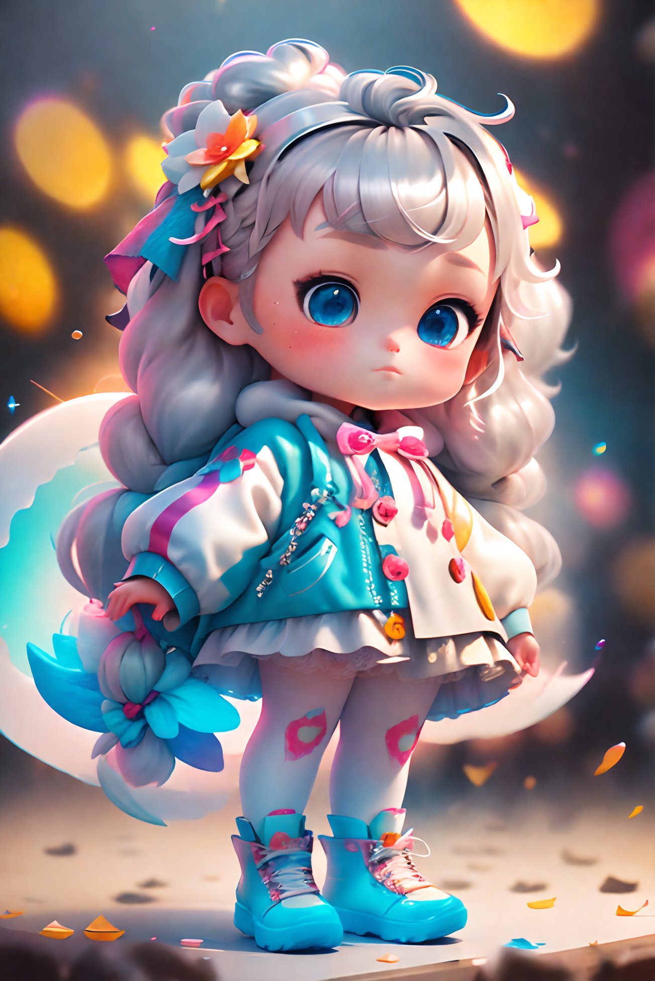 Clear Color PVC Clothing, Clear Color Vinyl Clothing, Prismatic Shape, Holographic, Color Difference, Fashion Illustration, Masterpiece, Girl with Harajuku Fashion, A Cute Girl, Long Silver Hair, Bangs, Blue Eyes, Short Skirt, 8k, Ultra Detail, Lida