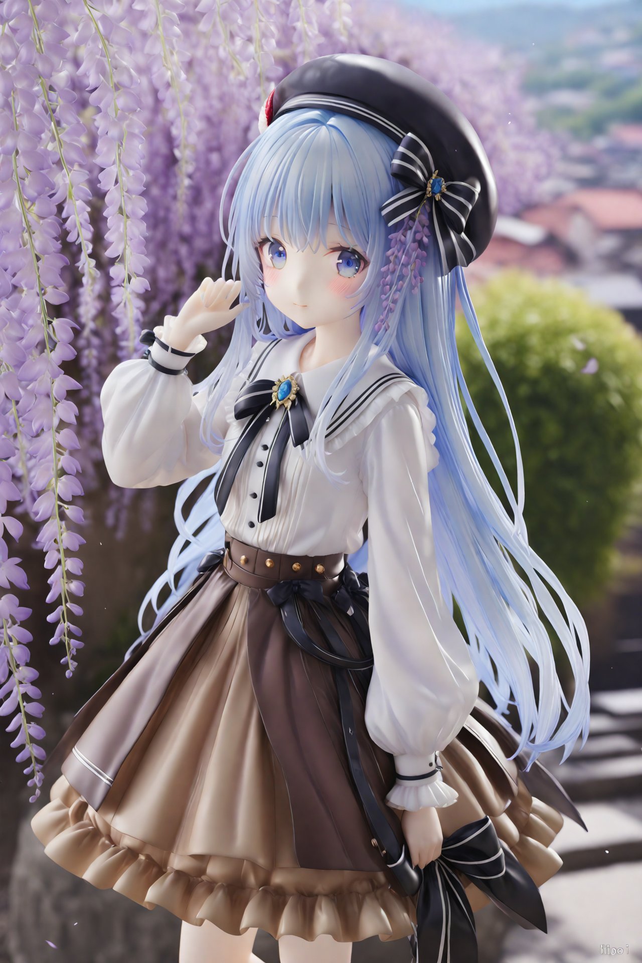 masterpiece,Realism,best quality,PVC Style:2,loli,[Artist:wlop],[[Artist:sheya]],Artist:hiten_(hitenkei), 1girl, solo, long hair, hat, blue eyes, long sleeves, hair ornament, flower, skirt, shirt, wisteria, white shirt, beret, very long hair, brooch, brown headwear, brown skirt, closed mouth, white hair, puffy sleeves, frills, blue hair, outdoors, bow, hand up, black headwear, ribbon, puffy long sleeves, blurry, brown capelet,  <lora:HANS-PVC22-000021:1>