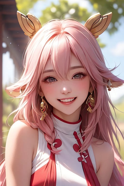 1girl,solo,pink hair,purple eyes,smile,animal ears,hair between eyes,long hair,bangs,fox ears,jewelry,sleeveless,upper body,blurry(cheerful demeanor:1.1),(radiant smile:1.3),(bright personality:1.1),(warm-hearted nature:1.3),(optimistic outlook:1.2),(vibrant energy:1.1),(sun-kissed complexion:1.3),(carefree attitude:1.3),(outgoing nature:1.2),(uplifting presence:1.1),(playful spirit:1.3),(positive vibes:1.2),lively enthusiasm,(beaming with happiness:1.3),(natural beauty:1.2),(sunshine in her eyes:1.1),(infectious laughter:1.2),<lora:aki-000002:0.6>,