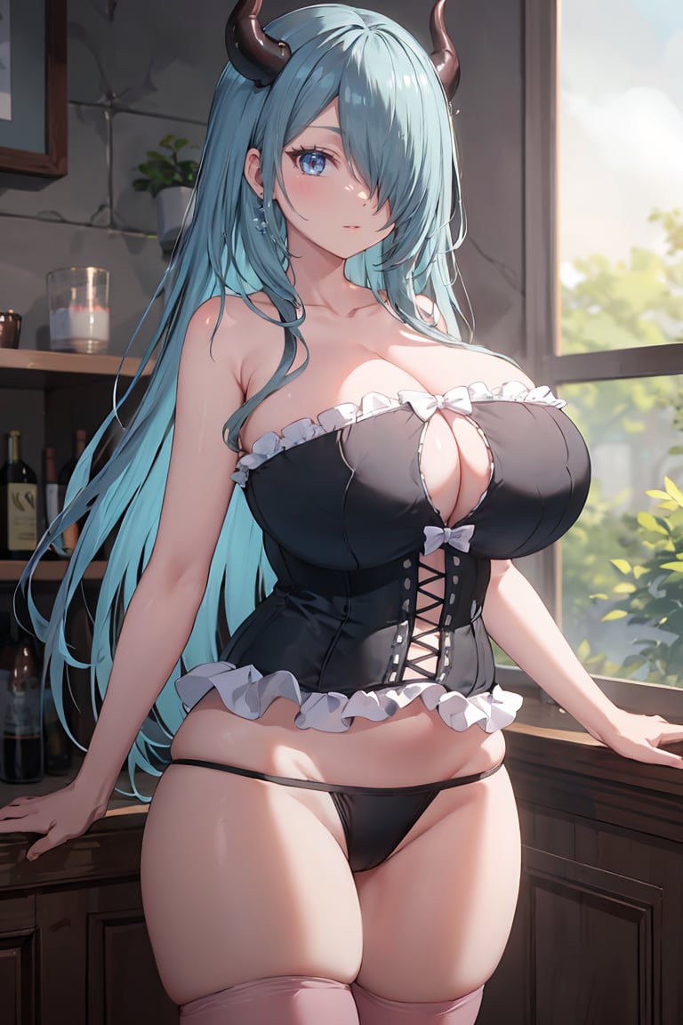 masterpiece, best quality, ultra-detailed, glistening shiny, glowing light, ray tracing, HDR, deph of field, (perfect face, detailed face), <lora:RosaryCornelica:0.8>, rosarycornelica, long hair, hair over one eye, horns, huge breasts, black corset, frills, cleavage cutout, black panties, bare shoulders, collarbone, pink thighhighs,  