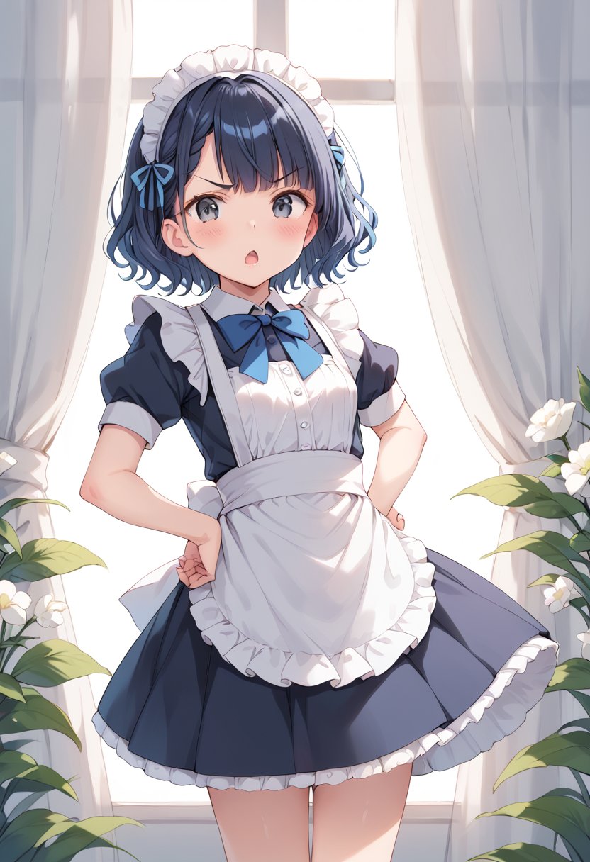 score_9, score_8_up, score_7_up, BREAK1girl, waitress, blue hair, solo, maid, maid headdress, short hair, open mouth, blue eyes, hand on hip, looking at viewer, maid apron, enmaided, blue dress, black eyes, eyelashes, frills, grey eyes, blurry background, puffy short sleeves, chestnut mouth, eyebrows visible through hair, triangle mouth, standing, bangs, blue neckwear, plant, anime coloring, cowboy shot, indoors, blue bow, white apron, shiny hair, v-shaped eyebrows, wavy hair, blush, depth of field, frilled apron, blue ribbon, neck ribbon, clenched hand, :<, :o, curtains, blue skirt, angry, pleated skirt, vines, white flower, hands on own hips, hand on own hip, pillar, blue bowtie