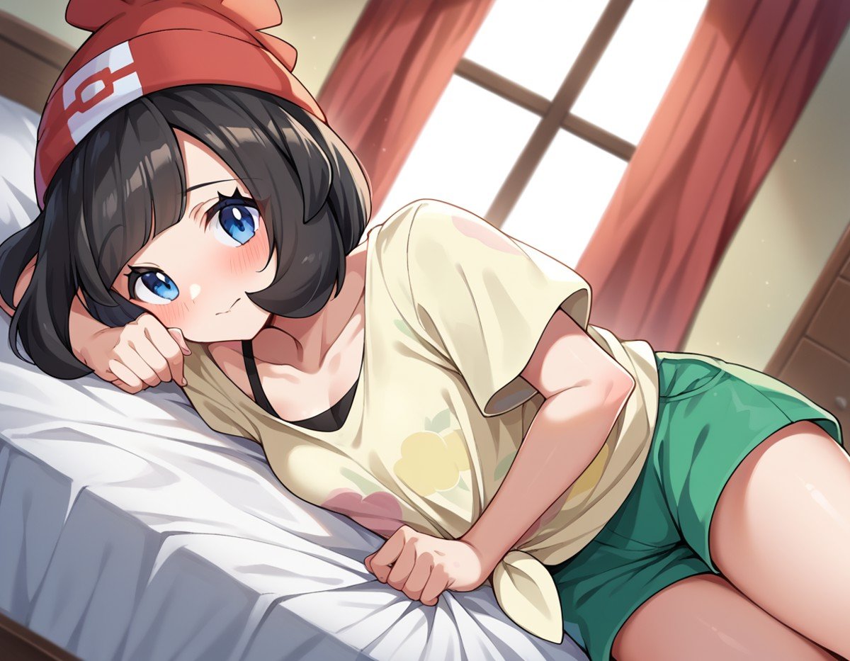 score_9, score_8_up, score_7_up, source_anime,pokemonselene, <lora:pokemon-selene-ponyxl-lora-nochekaiser:1>pokemonselene, black hair, blue eyes, short hair, bangs, blunt bangs,beanie, collarbone, green shorts, hat, red headwear, shirt, short sleeves, shorts, tied shirt, yellow shirt,indoors, bed, bed room, on side, blush, drunk,looking at viewer, cowboy shot, dutch angle,