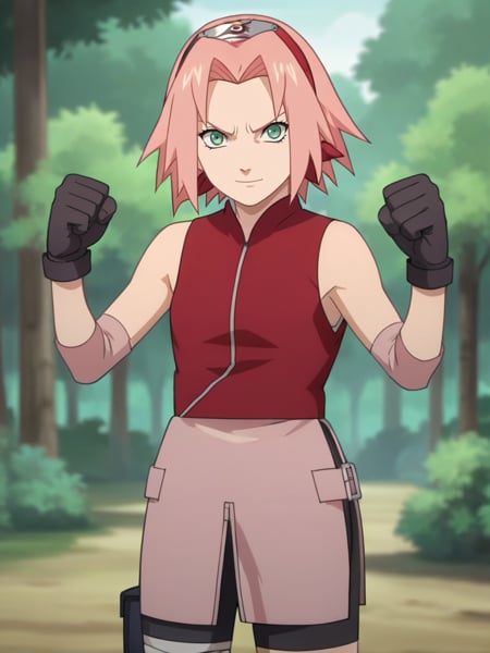 score_9, score_8_up,source_anime,1girl, haruno sakura, pink hair, short hair, green eyes, sleeveless, red shirt, forehead protector, bike shorts, shorts, black gloves,clenched hands, solo, looking at viewer, angry, standing, smile, cowboy shot, outdoors, forest, anime screencap, anime coloring    <lora:SakuraShippudenXL:1>