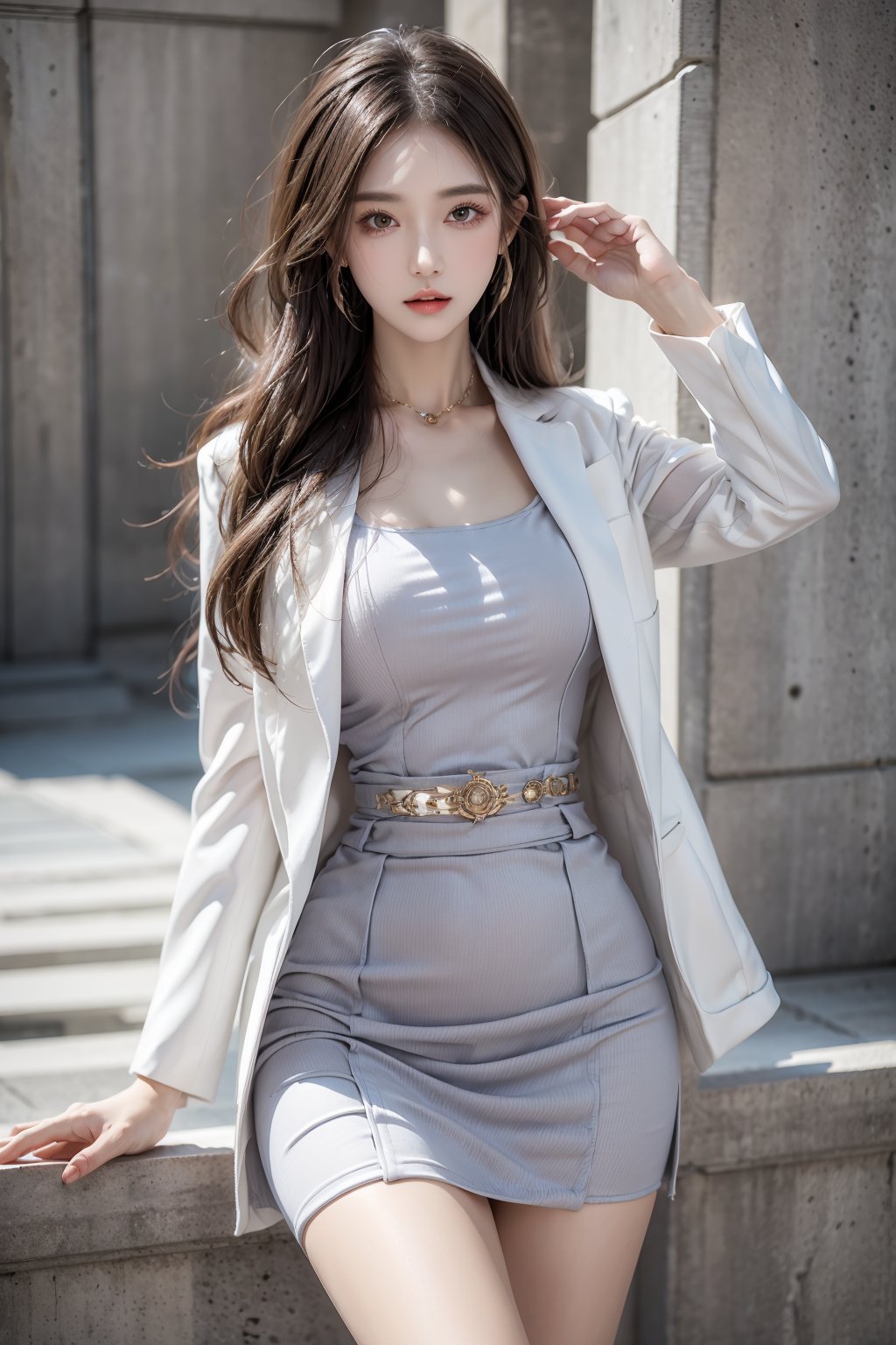 masterpiece,best quality,1 girl,solo,ultra detailed,waist up,long hair,fashionable accessories, skirt suit,<lora:more_details:0.4>,<lora:888:0.6>,