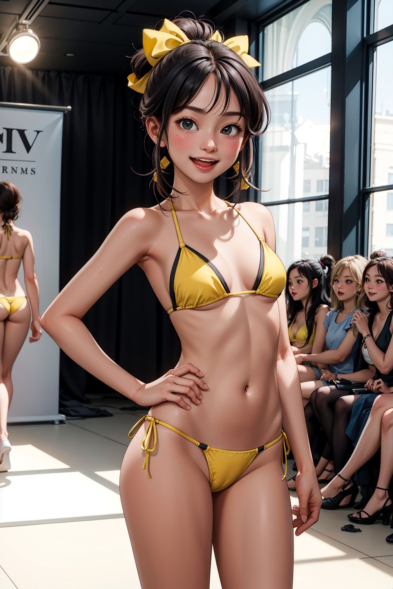 masterpiece, best quality, highres, 1girl, cute, yellow tiny bikini, thong, navel, collarbone, full breasts, proportional body and head, indoor, catwalk in fashion show, beauty contest, smile, open mouth, standing