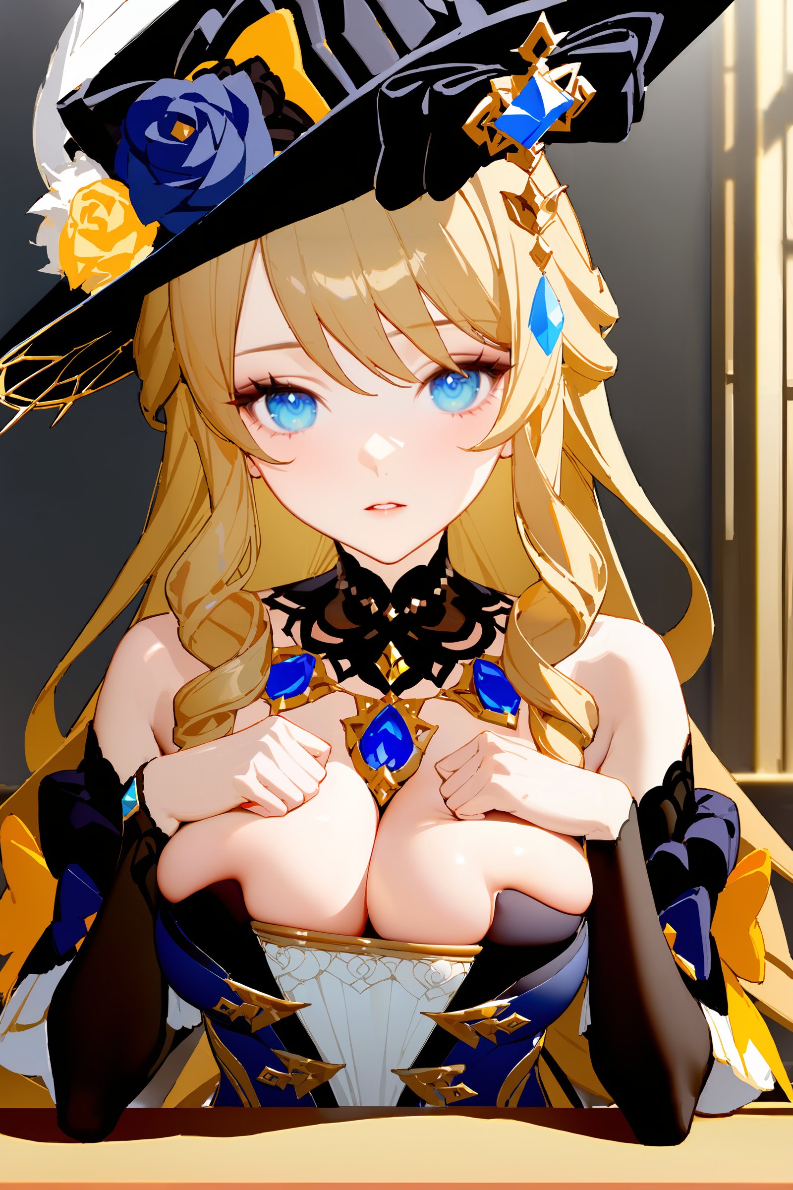 masterpiece, best quality, very aesthetic, ray tracing, newest, (hitenkei, askzy:0.4), 1girl, navia \(genshin impact\), solo, fancy hat, detached sleeves, single glove, strapless dress, detached collar, necklace, looking at viewer, parted lips, upper body, cleavage, skindentation, breasts squeezed together, hands on own chest, indoors, depth of field  <lora:EnvyBetterHiresFixXL01:0:hr=1>,  <lora:Char-Genshin-Navia-XL-V1:0.8>