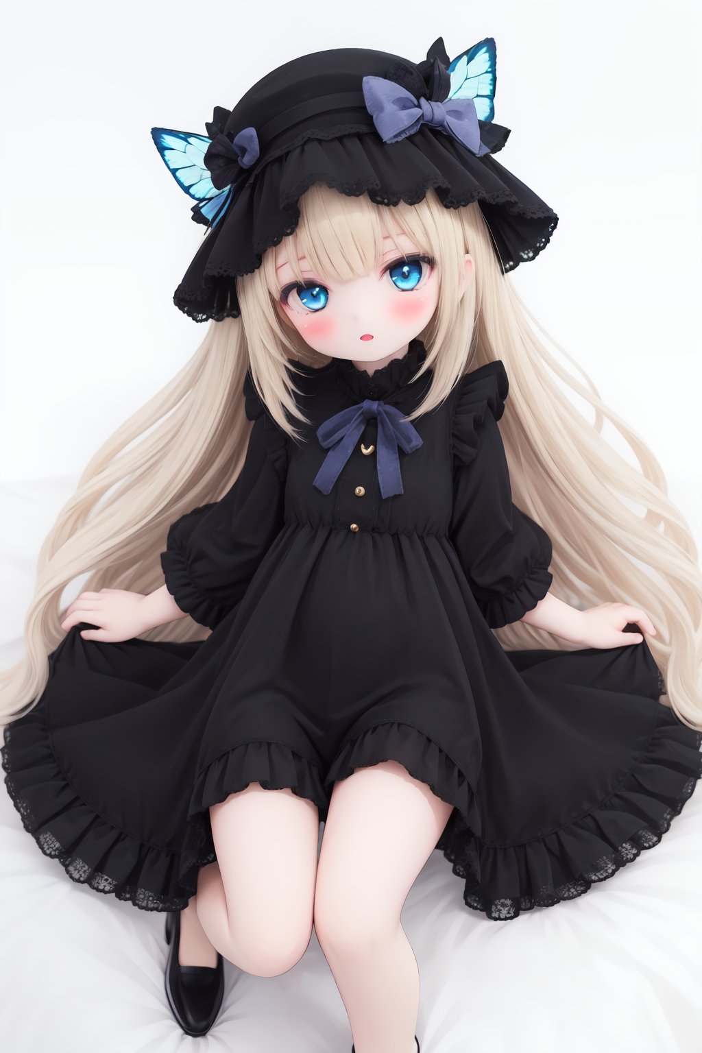 1girl,abigail_williams_\(fate\),bangs,barefoot,black_bow,black_dress,black_footwear,black_headwear,blonde_hair,bloomers,blue_eyes,blush,bow,bug,butterfly,dress,forehead,hair_bow,hat,long_hair,<lora:doll-v1:0.5>,