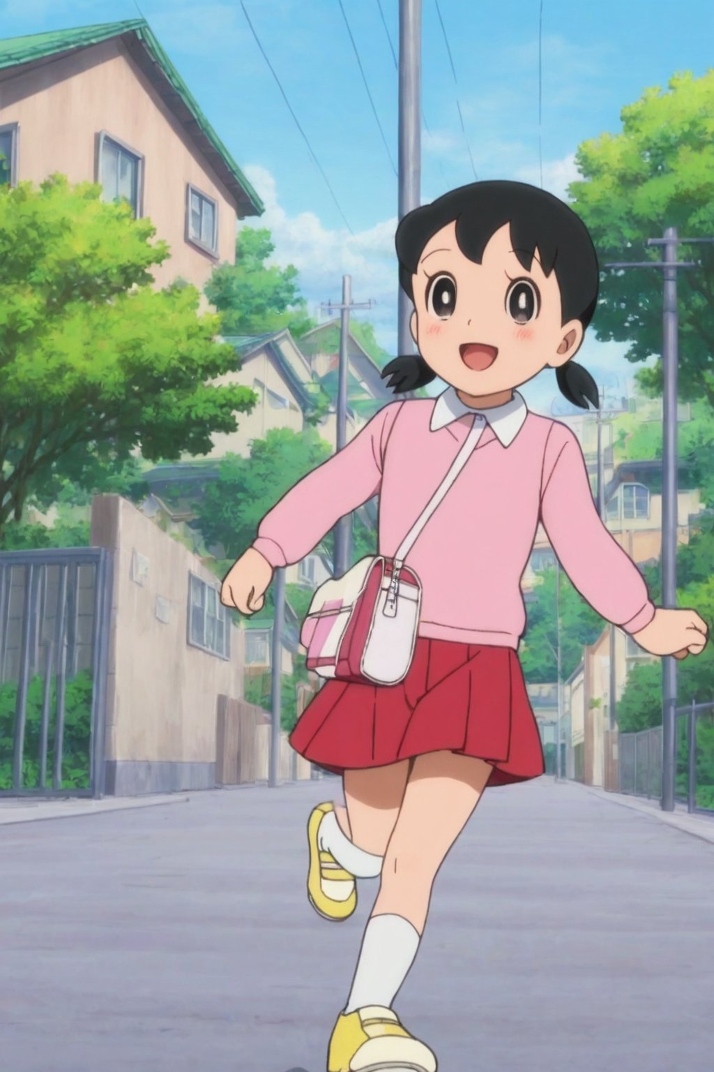 score_9, score_8_up, score_7_up, score_6_up, score_5_up, score_4_up, source_anime,minamoto shizuka,1girl, solo, skirt, outdoors, black hair, socks, white socks, twintails, red skirt, shoes, smile, shirt, open mouth, black eyes, pink shirt, looking at viewer, short twintails, kneehighs, collared shirt, long sleeves, :d, day, bright pupils, white pupils, house, low twintails, short hair, running, yellow footwear, blush,masterpiece, perfect face, best quality, beautiful girl, cute girl, beautiful eyes, shiny eyes, anime coloring, anime screencap, absurdres, outdoors,<lora:cr81e6de878c73fsdrs0:1>