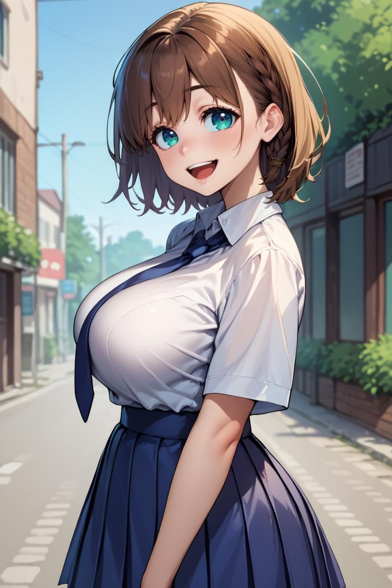 score_9, score_8_up, score_7_up, score_6_up, source_anime, BREAK 1girl, solo,  <lora:aichan-pdxl-nvwls-v1-000005:1> aichan, brown hair, cyan eyes, braid, large breasts, white shirt, collared shirt, blue necktie, pleated skirt, blue skirt, from side, looking at you, happy, blush, outdoors