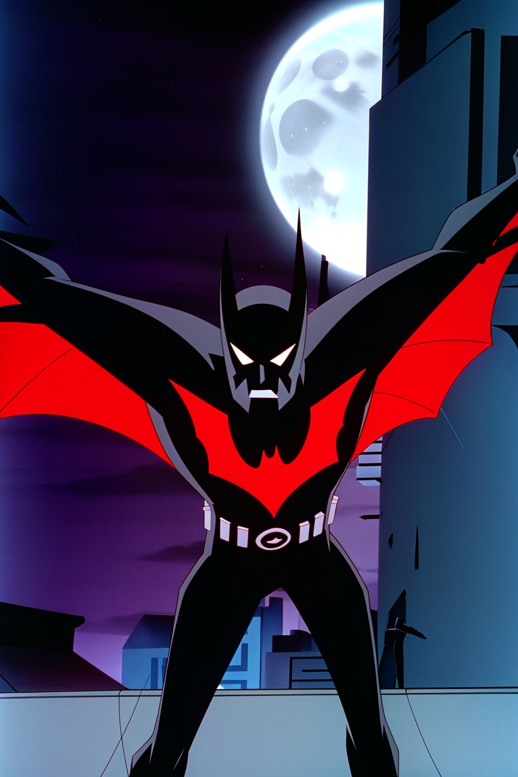 Batman-Beyond, Beyond-Wings, male focus ,crouched, outstretched arms,, (colorful),finely detailed, sky, cloudy_sky, building, moonlight, moon, night, (dark theme:1.3), science fiction, <lora:Batman_Beyond-20:1>