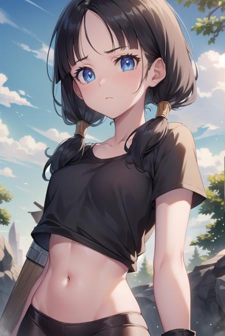 videl, <lora:videlv2-lora-nochekaiser:1>, videl, black hair, blue eyes, eyelashes, (parted bangs:1.5), twintails,BREAK bike shorts, black gloves, black legwear, collarbone, fingerless gloves, gloves, shirt, short sleeves, white shirt,BREAK outdoors, nature, forest, sun, sky, clouds,BREAK looking at viewer, (cowboy shot:1.5),BREAK <lyco:GoodHands-beta2:1>, (masterpiece:1.2), best quality, high resolution, unity 8k wallpaper, (illustration:0.8), (beautiful detailed eyes:1.6), extremely detailed face, perfect lighting, extremely detailed CG, (perfect hands, perfect anatomy),