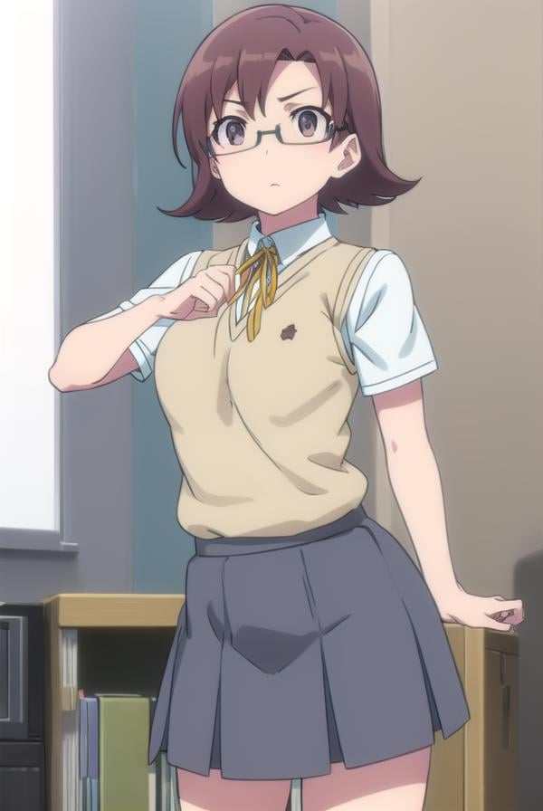 senaakagi, <lora:sena akagi s2-lora-nochekaiser:1>,sena akagi, short hair, brown hair, glasses, (brown eyes:1.5),BREAK skirt, ribbon, school uniform, sweater vest, grey skirt, shirt, white shirt, collared shirt,BREAK indoors, classroom,BREAK looking at viewer, (cowboy shot:1.5),BREAK <lyco:GoodHands-beta2:1>, (masterpiece:1.2), best quality, high resolution, unity 8k wallpaper, (illustration:0.8), (beautiful detailed eyes:1.6), extremely detailed face, perfect lighting, extremely detailed CG, (perfect hands, perfect anatomy),