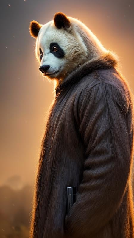 (masterpiece, best quality, highres:1.2), (photorealistic:1.2), (Realistic fur texture:1.4), raw photo, (1 friendly anthropomorphic panda man), muscle, man kind pandaman, furry, in high detailed dressed in a coat, in an elegant evening dress, really wild fur, dramatic scene, (detail fur texture, ultra-detailed body), moonlight passing through fur, (night beautiful background:1.3), dim light, dawn, (sharp), (film grain:1.3), (morbid light:1.2), (dynamic angle), award winning photography, exposure blend, bokeh, dim light, (hdr:1.4), high contrast, (muted colors, dim colors, soothing tones:1.3), low saturation, morbid