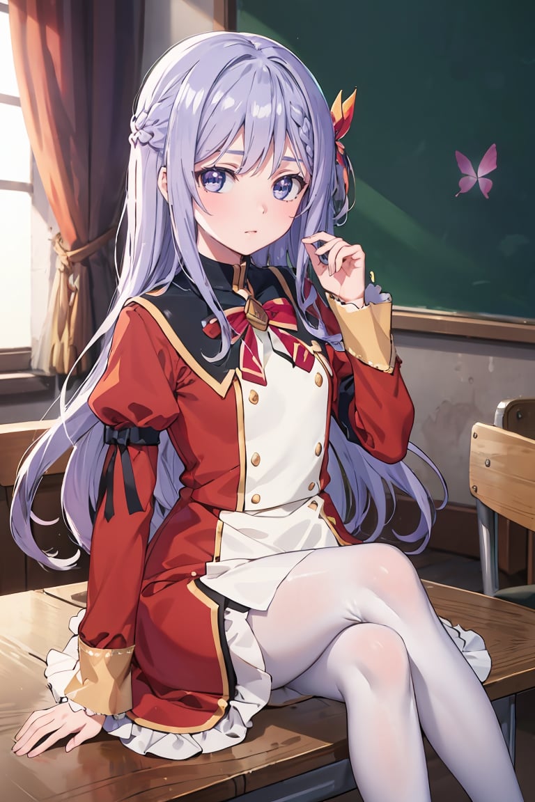 masterpiece, best quality, ultra-detailed, glistening shiny, glowing light, ray tracing, HDR, deph of field, (perfect face, detailed face), <lora:FloraBeltrum:0.7>, florabeltrum, long hair, crown braid, butterfly hair ornament, school uniform, red dress, black collar, puffy sleeves, long sleeves, red bowtie, white pantyhose