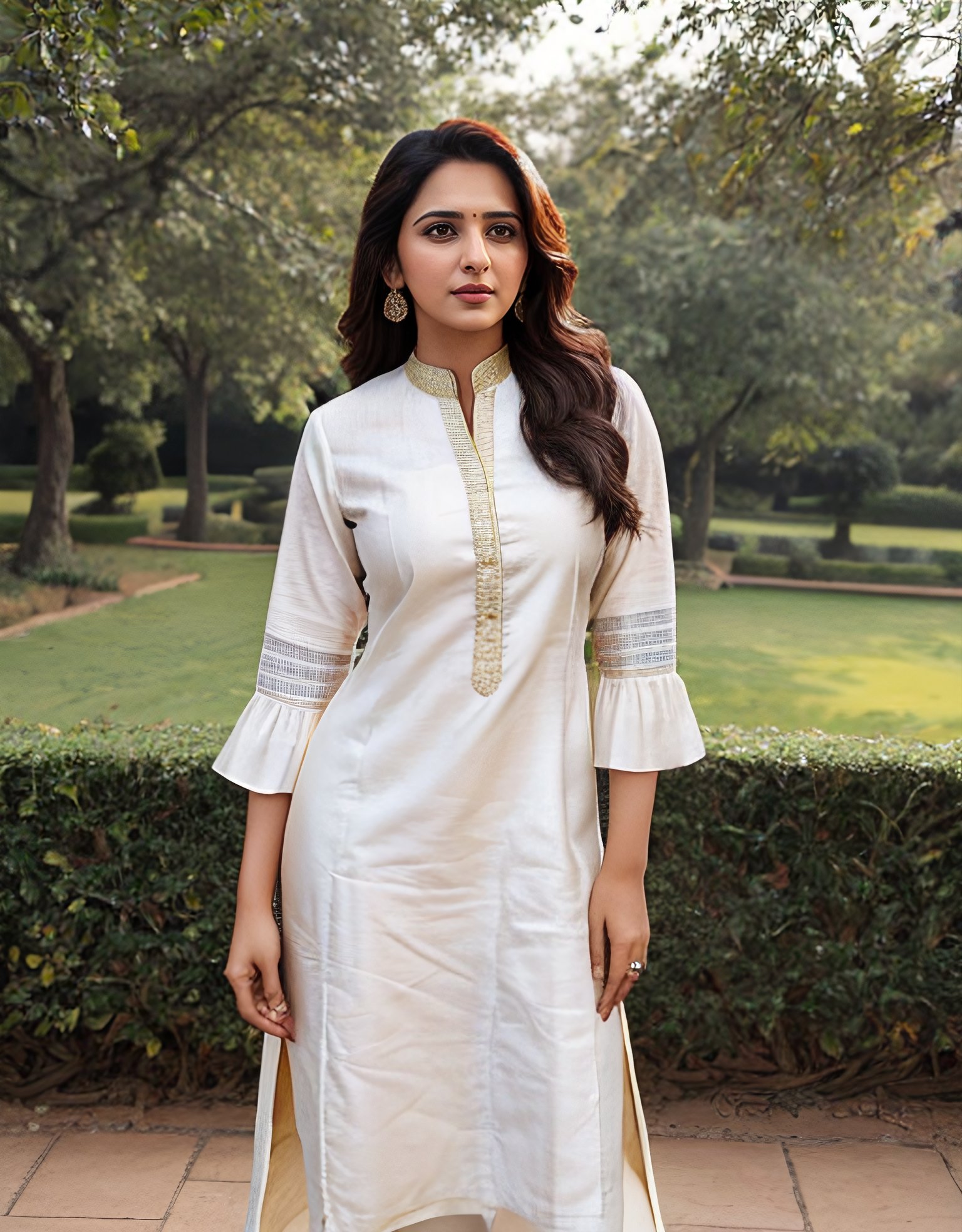 hires headshot photo of 30-year-old (rkps woman:1), ultra sharp, looking straight at camera, dynamic pose, (salwar_kurta:1.2), realistic skin texture, outdoors, daytime, garden <lora:rkps_Rakul_Preet_SD15_LoHa:0.7>