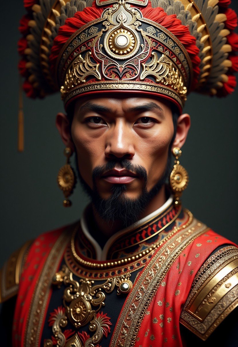 (high quality), (masterpiece), (detailed), 8K, Hyper-realistic portrait of (Indonesian warrior1.3) showcases intricate (traditional attire1.2) adorned with (vibrant batik patterns1.2) and (golden accents1.2). (Strong facial features1.3) and (piercing gaze1.2) convey a sense of (cultural pride1.2) and (inner strength1.2). Trending on Artstation.